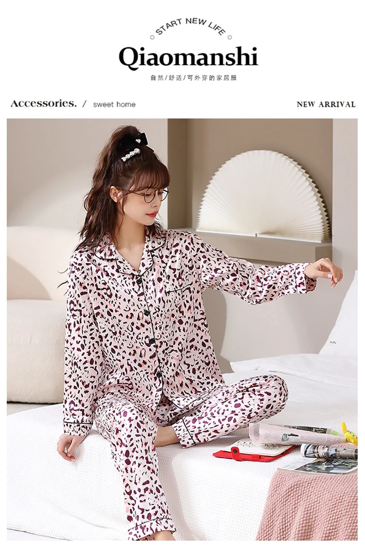 cotton pjs 2022 Spring Autumn Long Sleeve Silk Satin Print Pajama Sets for Women Korean Sleepwear Suit Pyjama Homewear Pijama Mujer Clothes best pajamas for women