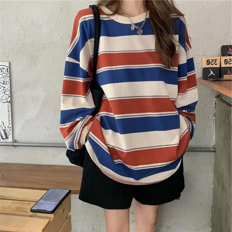 Newest Arrival Women Casual Long Sleeve T-shirt Fashion Stripe Printing Round Neck Loose Pullover Tops
