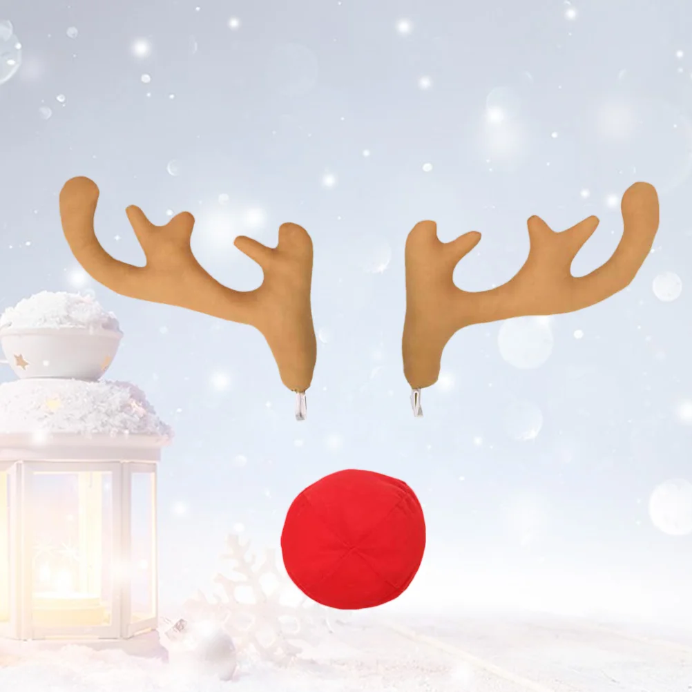 

3Pc Car Antlers with Nose Funny Christmas Decorations Kit for Vehicles (Light Tan)