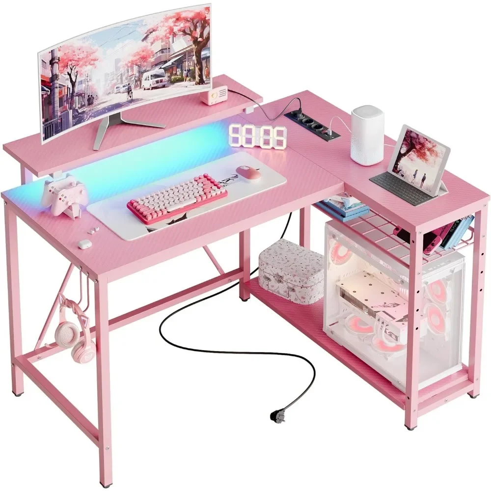 Gaming Desk with Power Outlets,42 LED Small Corner Computer Desk Reversible Storage,L Shaped Desk with Desk,Pink Carbon Fiber