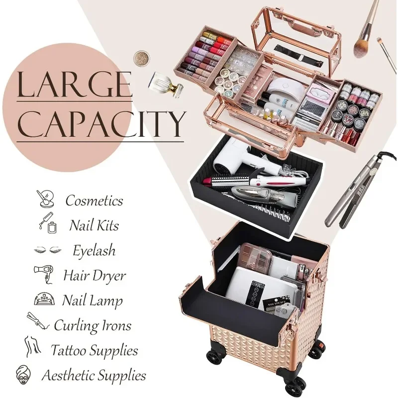 Rolling Makeup Case Professional, 3-in-1 Wheeled Makeup Trolley, Large Salon and Barber Travel Trunk Suitcase for Cosmetology 2