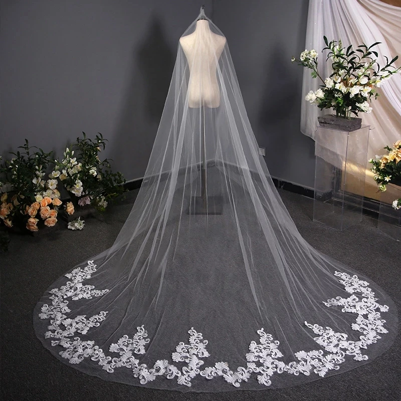 Voile Mariage 4m Wedding Veil With Comb Lace Edge Cathedral Wedding Veil White Ivory Bridal Veils velos de novia 2019 largos 2 tiers wedding veil with dense pearls lace edge white ivory short bridal veil with comb gorgeous mantilla velos de novia