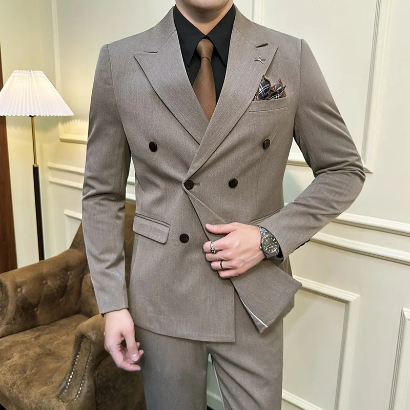 Men Double-Breasted Slim Fit Business Suit Solid Color Two-Piece Set S-7XL Korean Fashion