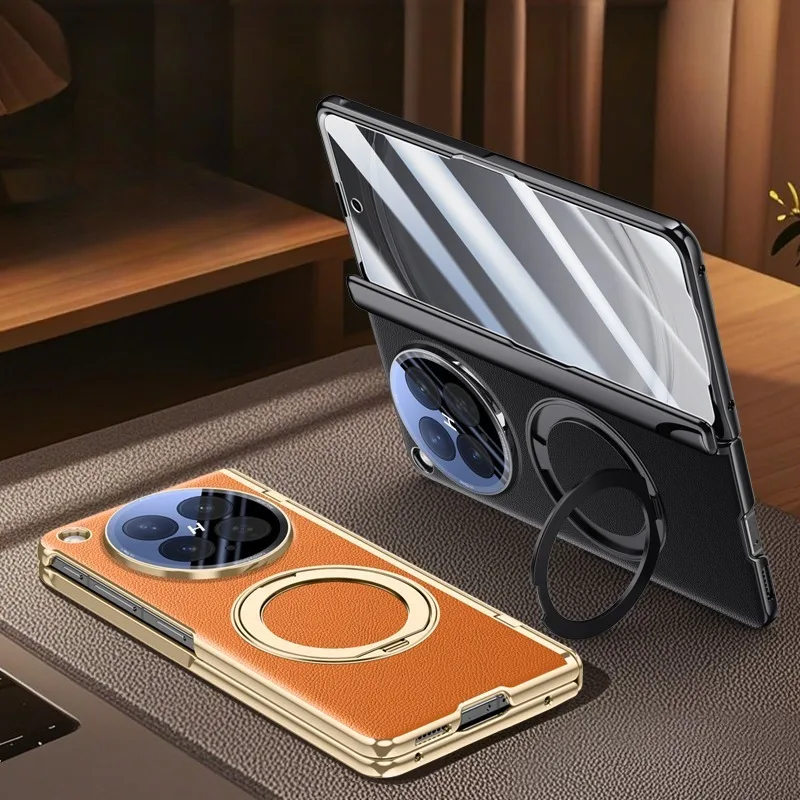 GKK Luxury Leather Hinged Folding Case with Magnetic Ring Holder Stand and HD Privacy Glass