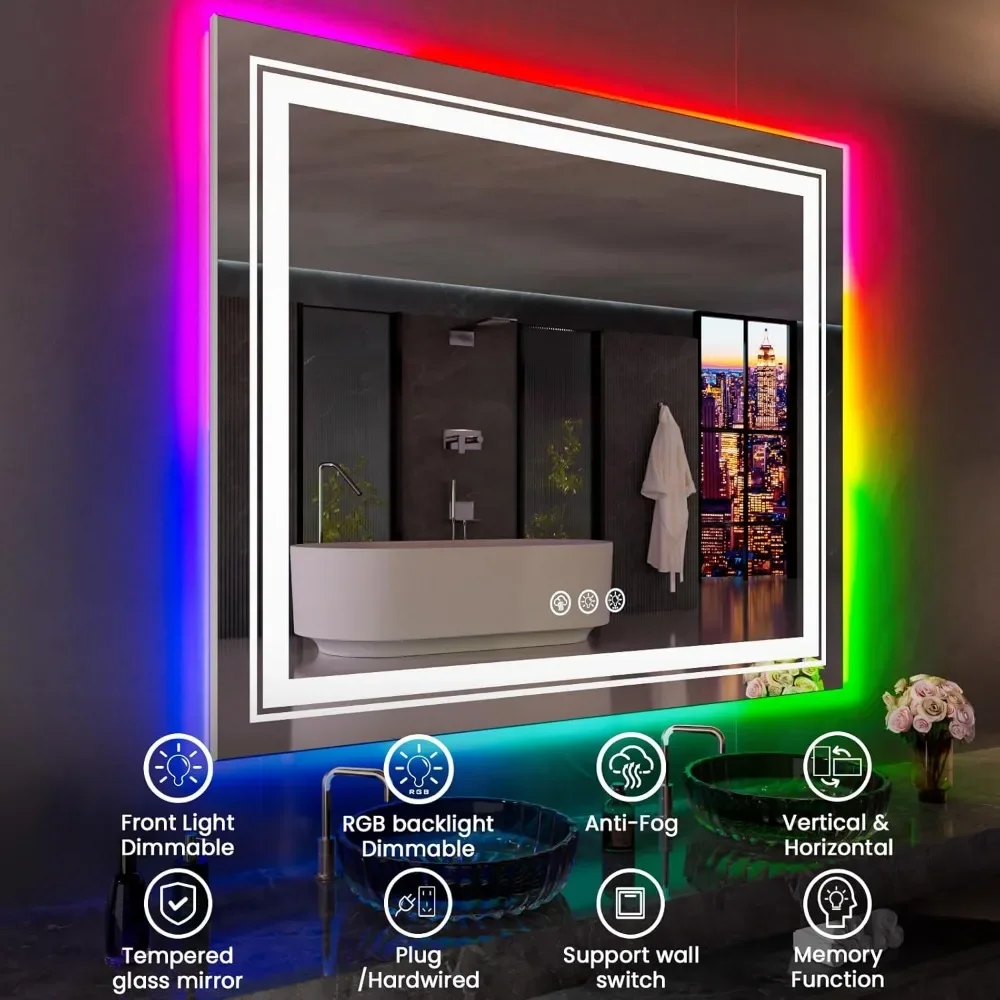 38&rdquo;X38&ldquo; LED Bathroom Mirror with Lights, Anti Fog Mirror with RGB Backlit Bathroom, Dimmable Smart Lighted Bathroom