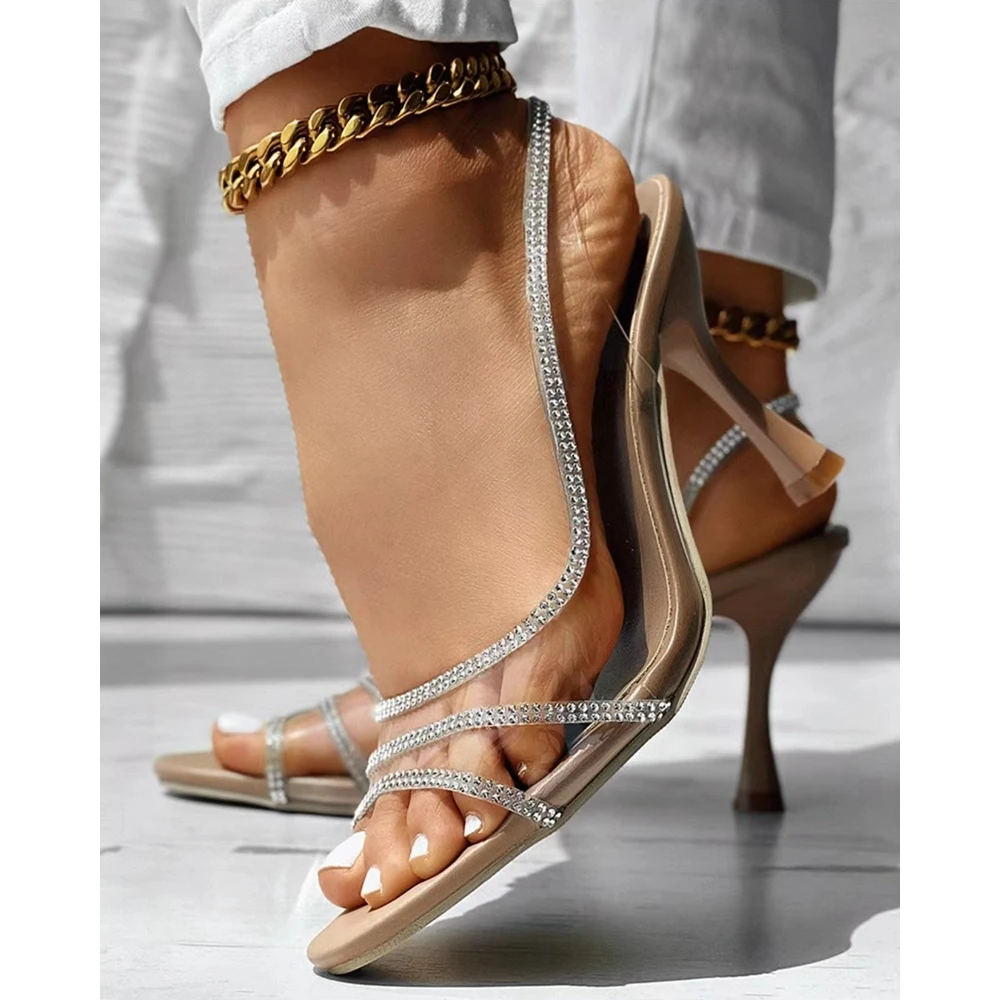 Women Rhinestone Decor Pyramid Heel Sandals Autumn Party Pointed Toe Back Strap Thin Heel Pumps Korean Style Spring Fashion