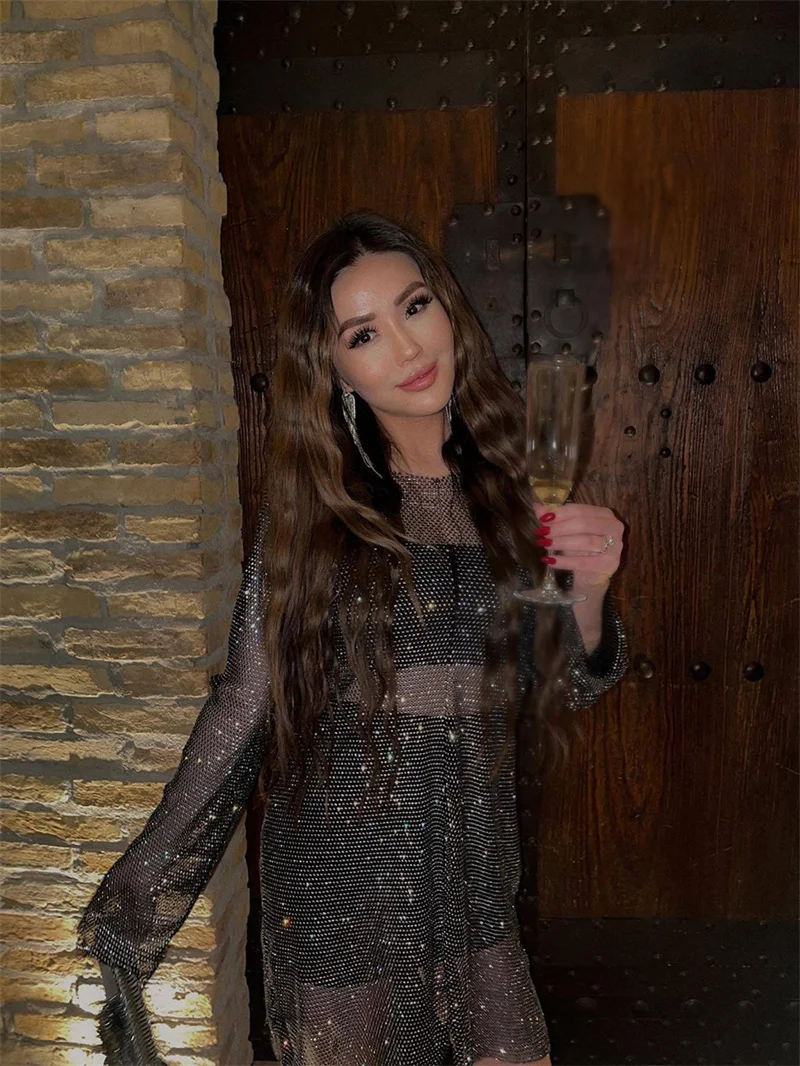 Strass hand gefertigte Mesh Kristall Kleid Trimmen Langarm Bodycon Mini aushöhlen O-Neck Party Pailletten Kleider für Frauen – Detail 6