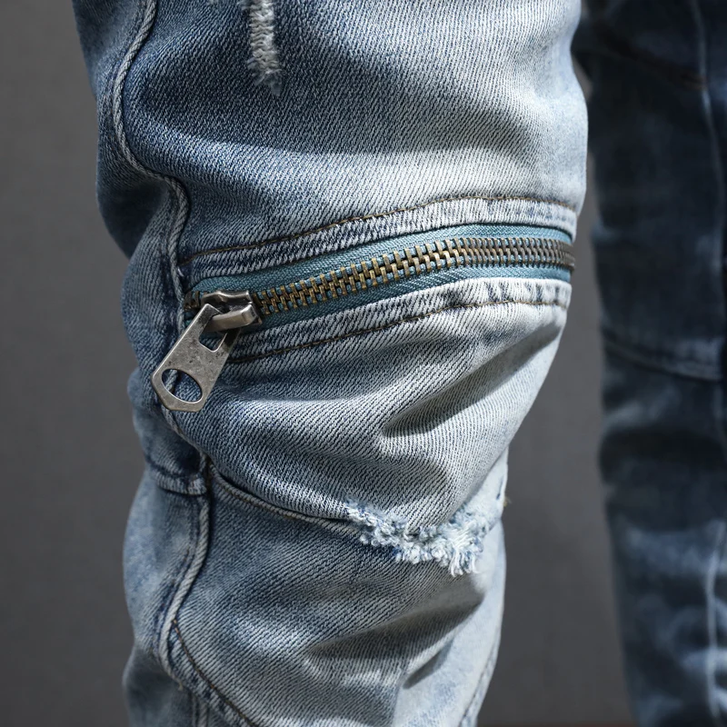 Street Fashion Men Jeans Retro Light Blue Elastic Slim Fit Ripped Jeans Men Zipper Spliced Designer Hip Hop Biker Pants Hombre