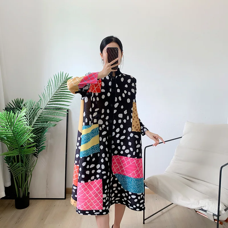 

Платье женское Плиссированное до колена, модное однобортное свободное платье миаке с принтом, со стоячим воротником, а-силуэт, большие размеры, весна-лето