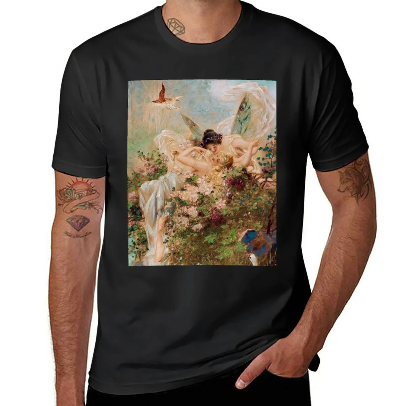 

New Two Fairies Embracing in a Landscape with a Swan // Hans Zatzka T-Shirt hippie clothes plus size tops mens graphic t-shirts