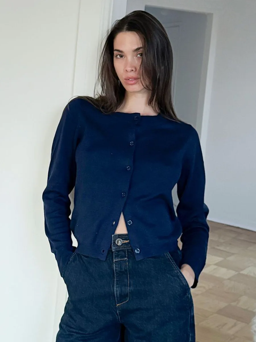 Bornladies Women's Solid Color Knit Cardigan New Autumn Round Neck Thin Sweater Knit Base Layer Top Jumpers