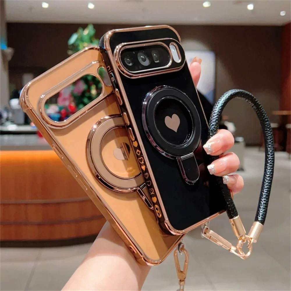 Cute Love Heart Wrist Strap Bracket Case For Google Pixel 8 9 10 Pro XL 9A 8A 7A Ring Holder Stand Lanyard Plating Soft_voghion.com
