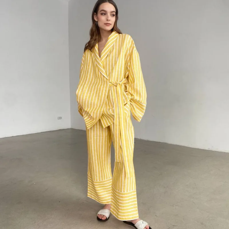 

2023 Casual Yellow Stripe Home Suits Elegant High Waist Wide Pants Set Fashion Long Sleeve Shirts Two Piece Set Women Outfit