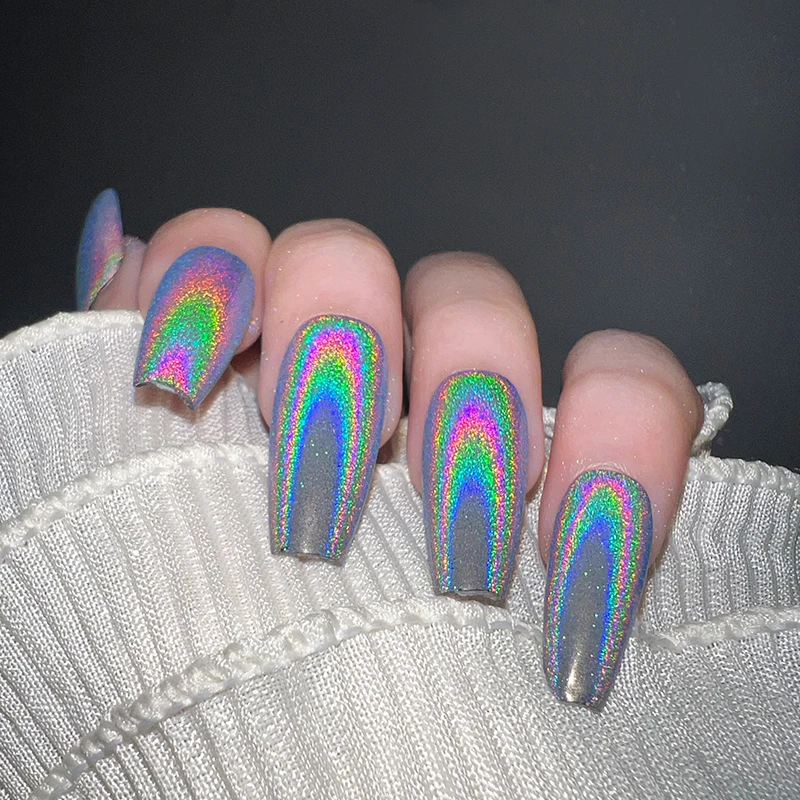 HNDO New Nails Silver Holographic Powder Rainbow Effect Professional Manicure Nail Art Unicorn Laser Pigment Dust Design
