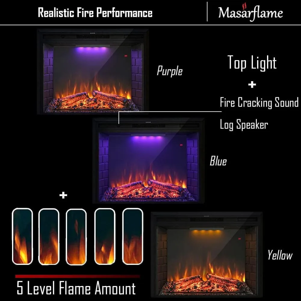 Electric Fireplace Insert, Retro Recessed Fireplace Heater with Fire Cracking Sound, Remote Control & Timer, 750/1500W 4