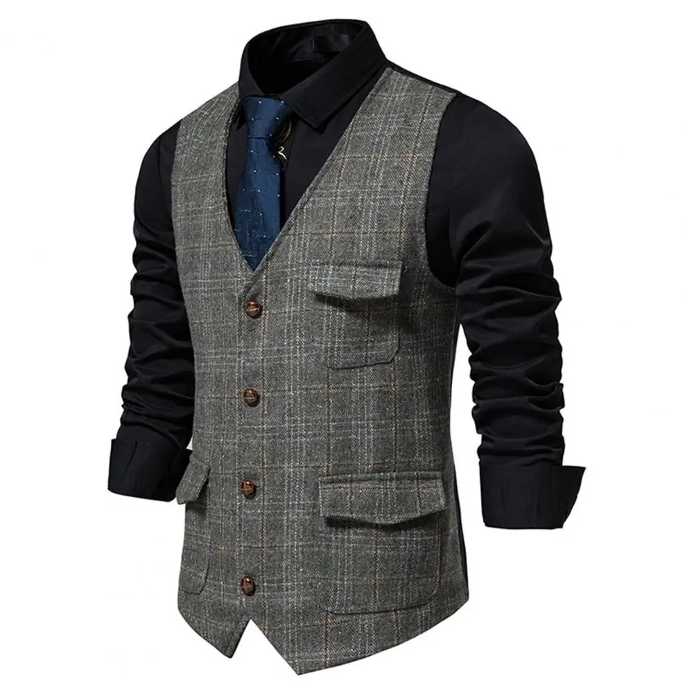 

Men Waistcoat Plaid Print Business Waistcoats for Men Sleek Slim-fit Vests with Single Breasted Design Pockets for Work Retro