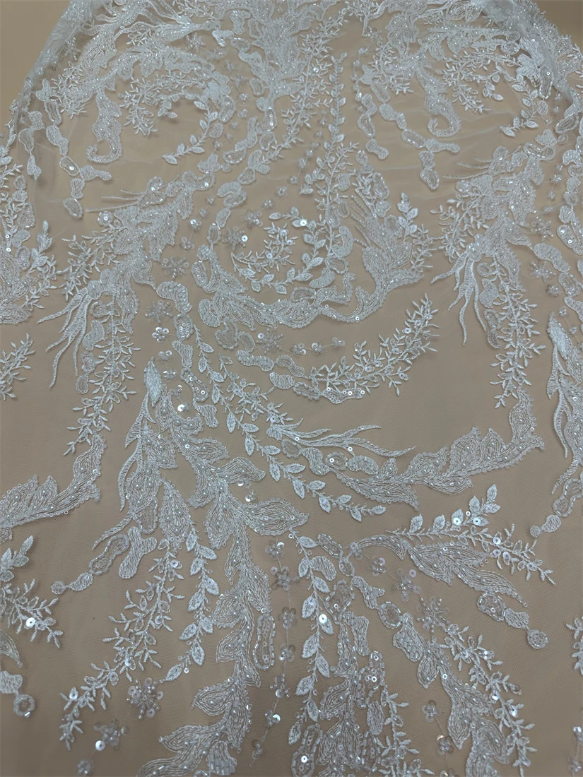 

African Mesh Lace Fabric With Sequins Nigerian ZH-13084818 beads Lace Fabric French Tulle Lace Fabric For Wedding Party