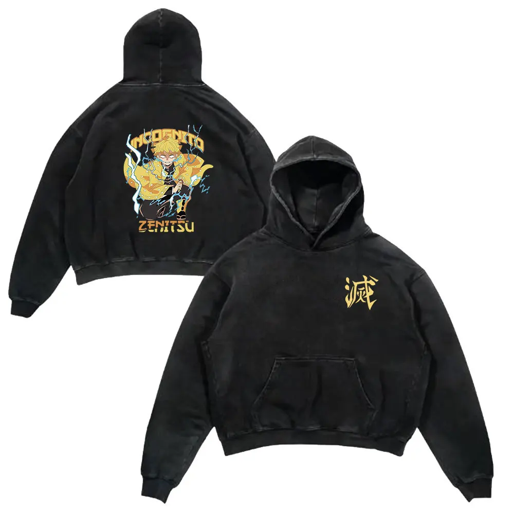 Anime Demon Slayer Retro Washed Hoodies Black Print Vintage Cotton Hooded Sweatshirts Oversize Hip Hop Male Pullover