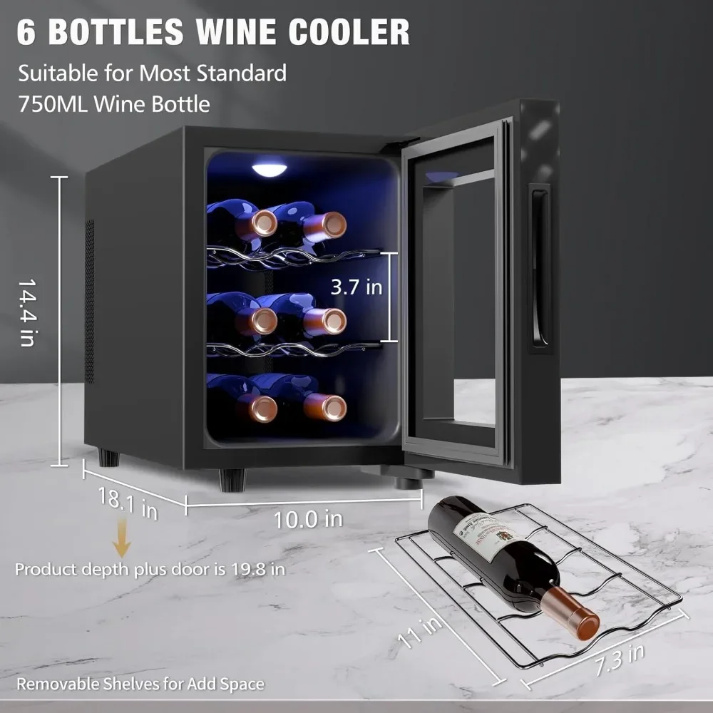 Wine Cooler Refrigerator, Wines Cooler with Digital Temperature Control, 46-66℉ Mini Freestanding 6 Bottle Wine Refrigerator 6