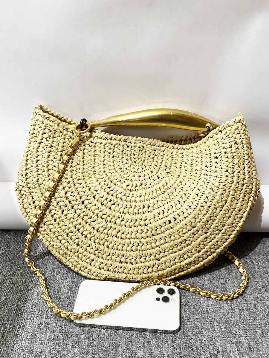 Classic Beach Straw Woven Bags For Women Luxury Designer Handbag Purse 2025 New In Sequined Handle Chain Strap Underarm Shoulder