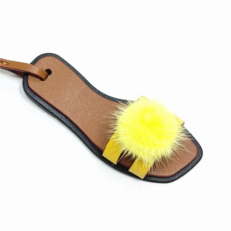 Bonbonfarbener Echter Nerzfell-Ball Taschenanhänger Mini Damen-Taschenanhänger 3D Pantoffel Leder-Anhänger Auto-Dekoration Hängende Verzierung – Detail 3