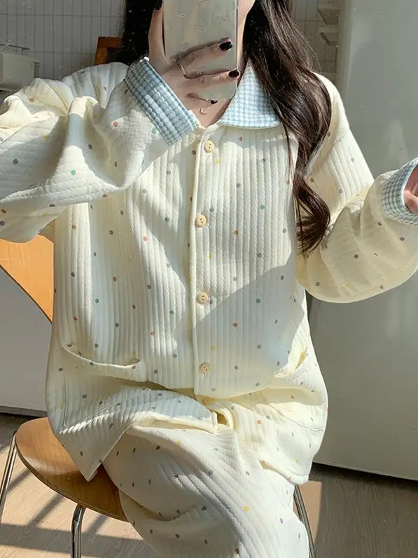 Thiened Cotton Spwear Women's Long Sve Polka Dot Printed Air Cotton Pajamas Set Warm Home Clothes Loose Fit Autumn Wi...