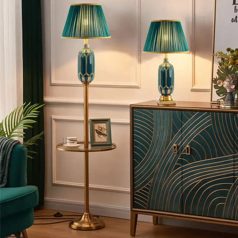 

American Light Luxury Ceramic Floor Lamp Living Room Simple European Floor-Standing Rack Table Lamp Vertical Bedside Lamp