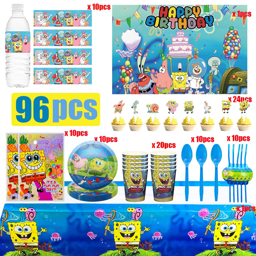 Cartoon SpongeBob Geburtstagsdekorationen Party-Tischwaren Set Papierservietten Teller Becher Baby-Shower Happy Birthday Spielzeug – Detail 3