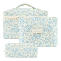 YANZAI 3 Pcs Cotton Quilted Makeup Bag Set, Floral Cotton Cosmetic Bag, Aesthetic Women's Large Capacity Toiletry Organizer 1