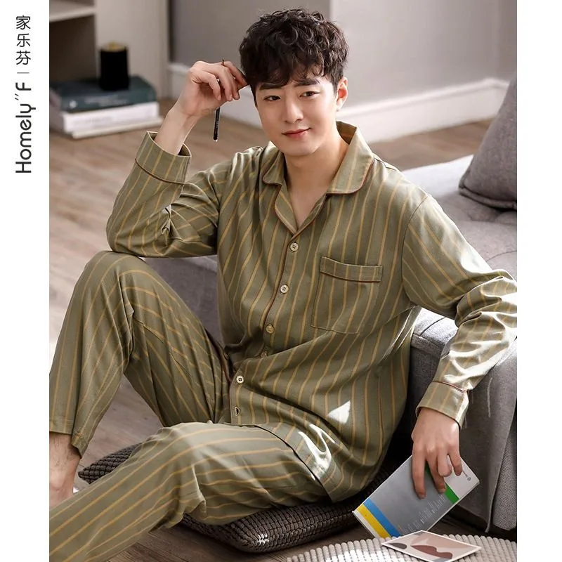 

Pajamas Gentleman Spring and Autumn Pure Cotton Long Sleeve Loungewear Can Be Worn Outside Men's All-season Wear Pajama Set