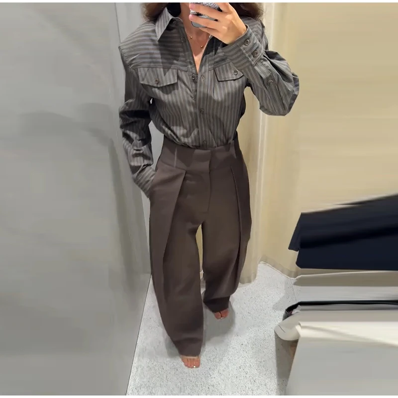 Vintage Damen Gestreiftes Langarm-Revershemd mit Knopfleiste vorne und Taille, geraffte Cargo-Bluse, Tops, 2025, neues modisches High-Street-Outfit – Detail 8