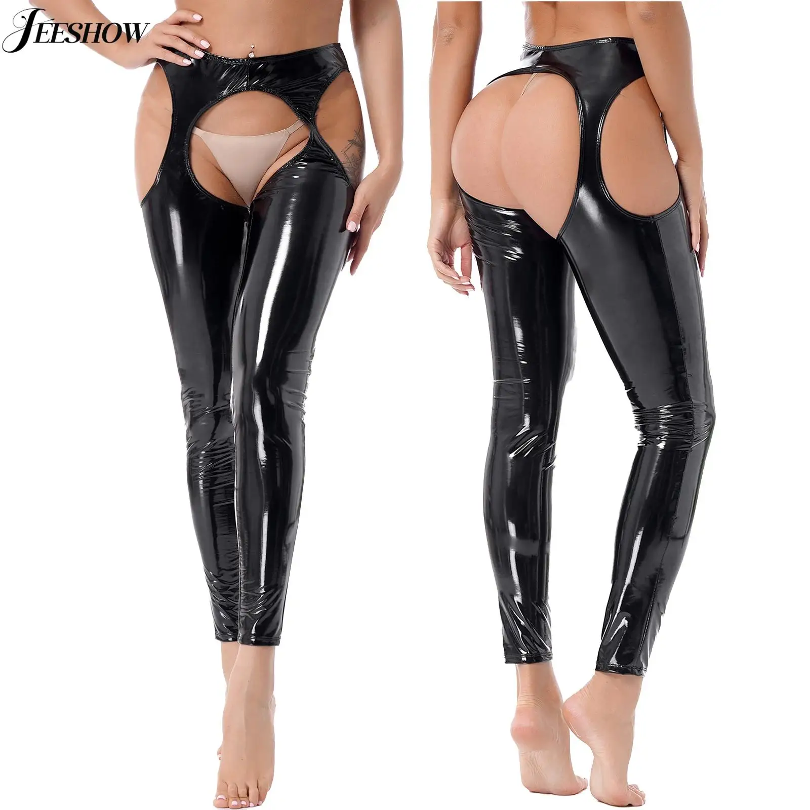 Womens Sexy Patent Leather Open Crotch Leggings High Waist Hollow Out Skinny Long Pants Nightclub Latex Tight Pants Trousers women leggings