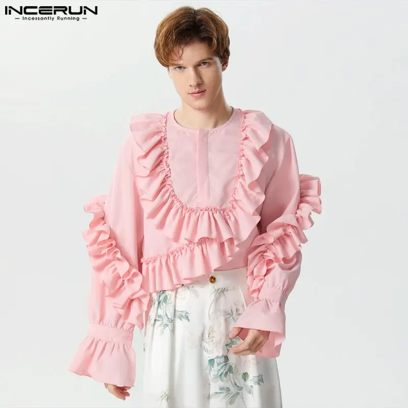 Fashion Casual Style Tops INCERUN New Men Solid Ruffled Edge Patchwork Shirts Stylish Male All-match Half Open Tube Blouse S-5XL