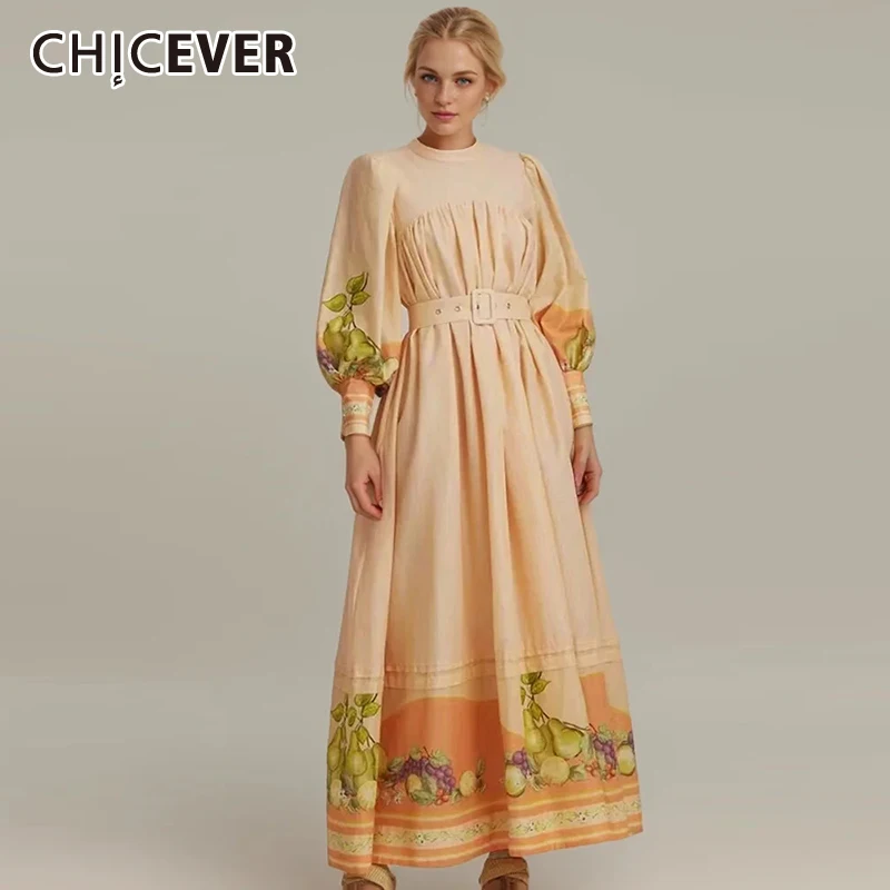 

CHICEVER Hit Color Dresses For Women Stand Collar Lantern Sleeve High Waist Patchwork Belt Loose Folds Print Long Dress Female