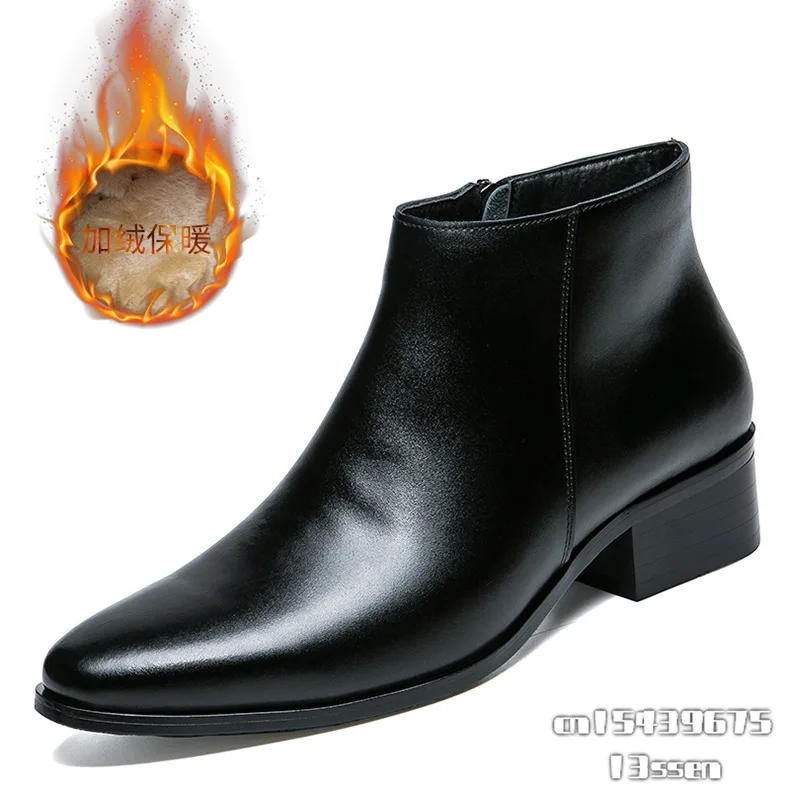 Men Chelsea Boots Genuine Leather Botas Wedding Dress Shoes for Male Formal Business Ankle Boot Winter Warm Black