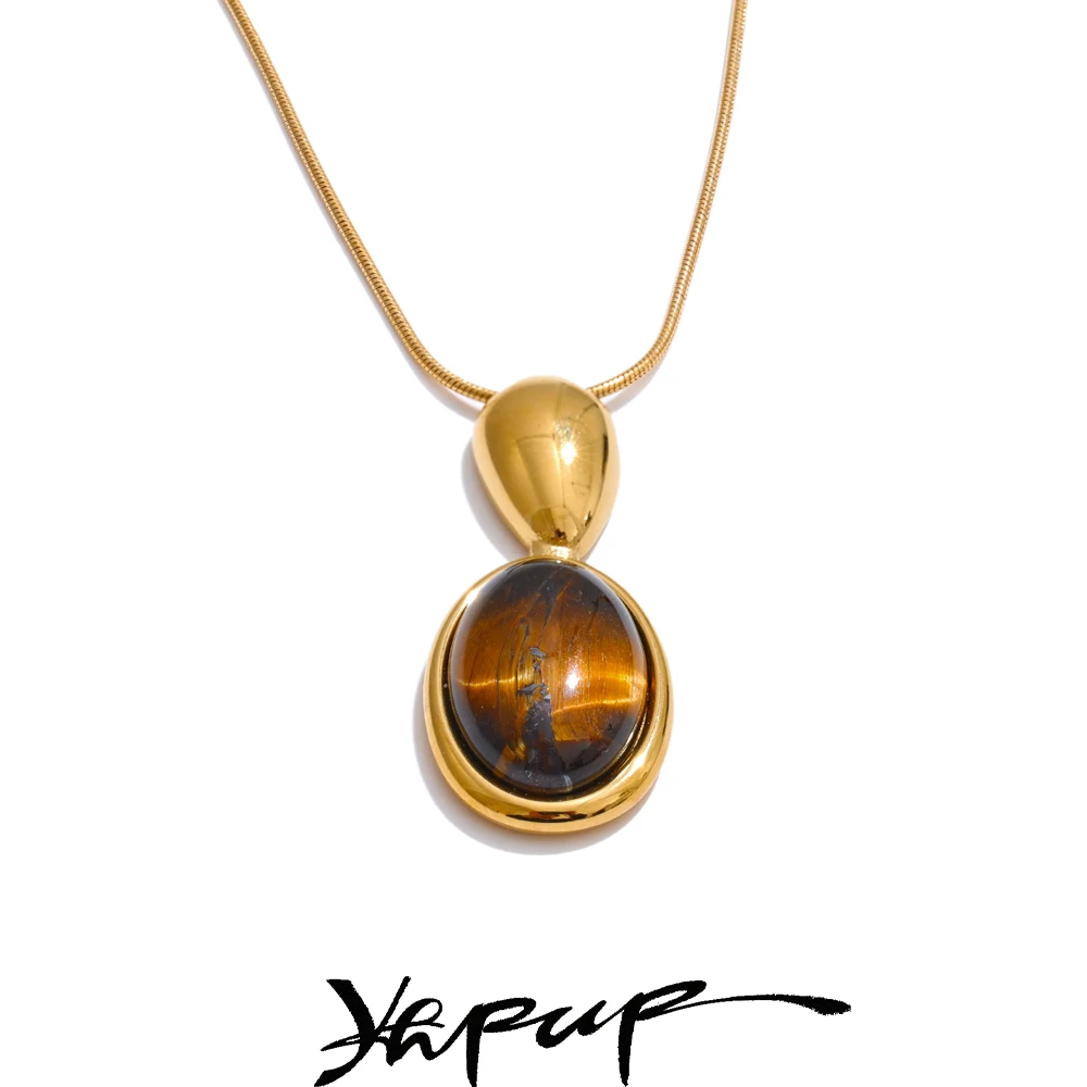 Yhpup Pendant Necklace Tiger Stone Stainless Steel PVD Plated