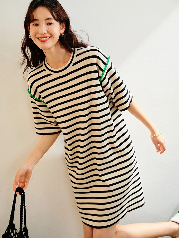 

Love Capsule Series 23 New Round Neck Short Sleeve Shell Embroidery Stripe Knitted T-shirt Dress