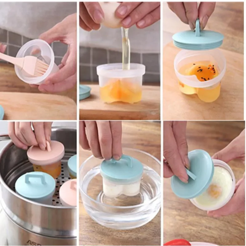 ANYOHOE 4 Pcs/Set Egg Cooker Egg Boiler Hard Boiled Eggs without shell Cups Mold Maker With Lid Brush Kitchen Tools egg cooker