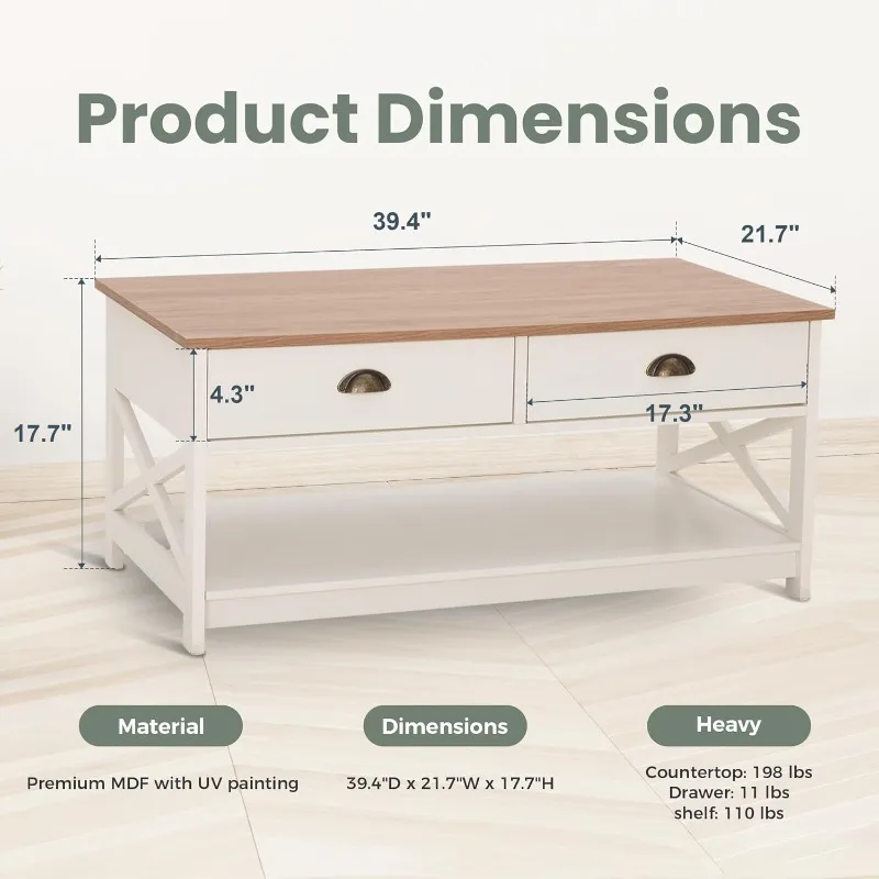 Coffee Table for Living Room - Farmhouse Modern Coffee Tables with Storage, Ivory White Coffee Table 2