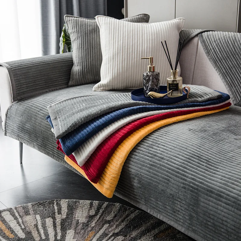 

Crystal Velvet Stripe Sofa Cover for Living Room Solid Color Sofa Cushion L Shaped Sofa Cover Non-Slip Couch Armrest Backrest