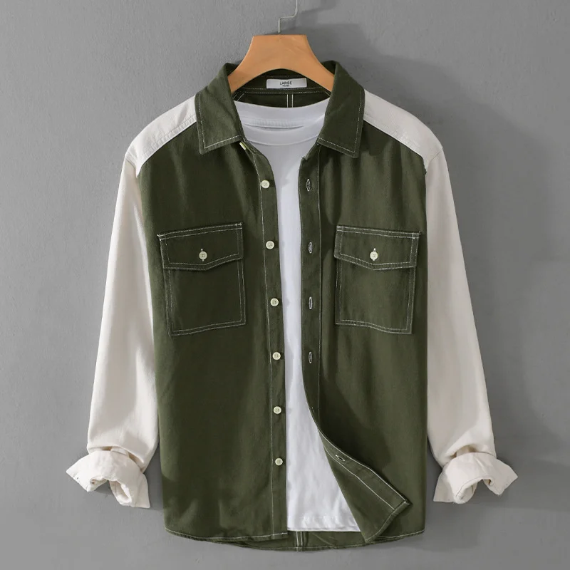 

#7659 Spliced Color Denim Shirt Men Streetwear Hip Hop Shirt Cotton Jeans Shirt Long Sleeve Man Pockets Cargo Shirt Outerwear