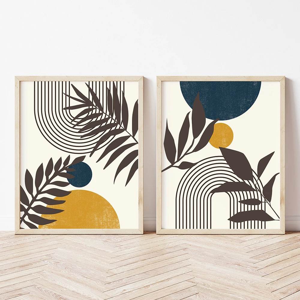 Boho Abstract Plant Leaf Sun Rising Rainbow Beige Canvas Painting Wall Art Pictures Poster Print Interior Living Room Home Decor
