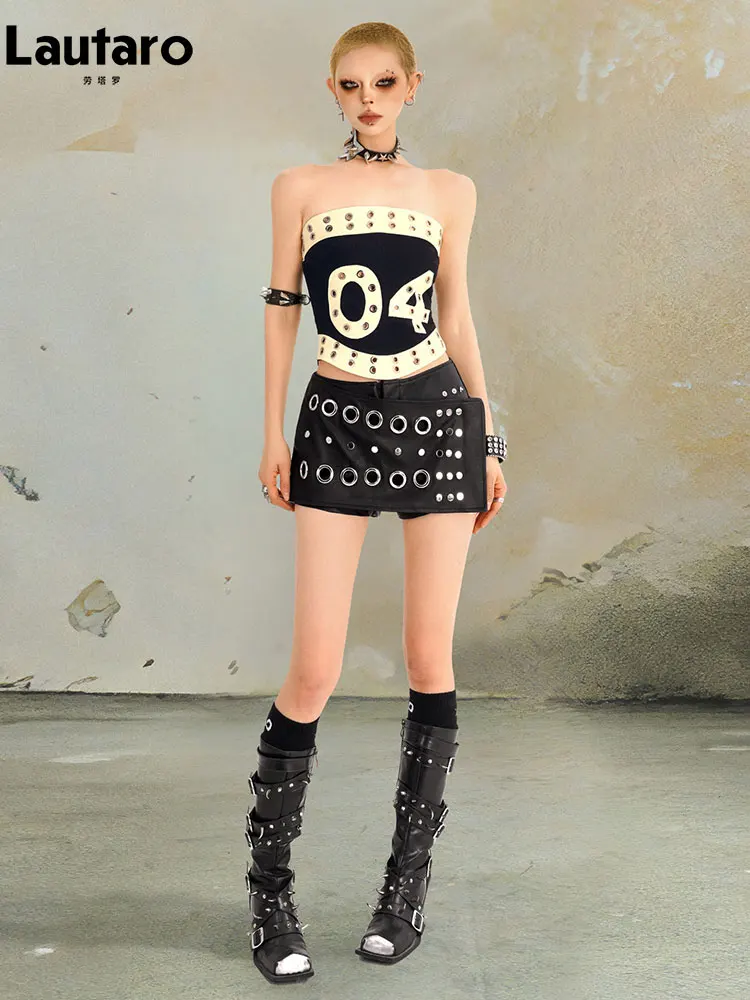 Lautaro Spring Summer Hollow Out Black Pu Leather Mini Skirt Women Luxury Designer Steampunk Punk Style Clothes Streetwear 2026