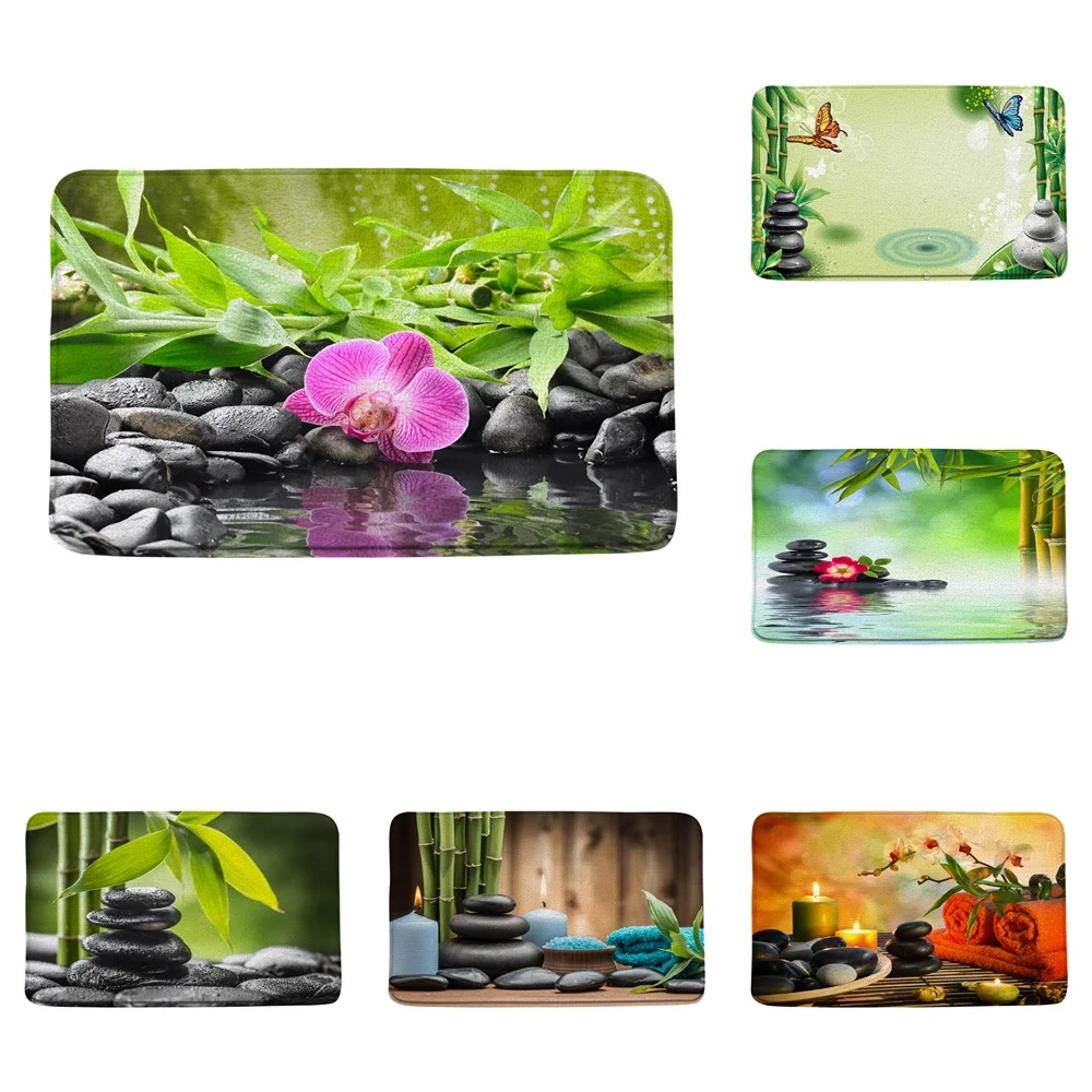 

Zen Garden Bathroom Rug Green Bamboo Pink Flower SPA Landscape Stone Flannel Non-Slip Bath Mat Kitchen Doorway Carpet Home Decor