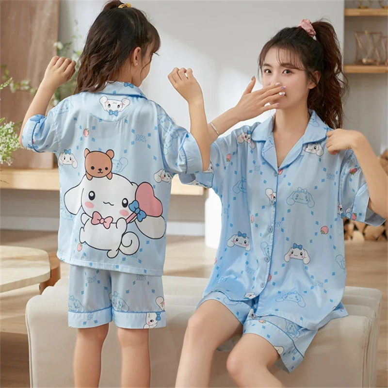 

Sanrio Cartoon Cinnamoroll Ice Silk Pajamas Kawaii Anime MyMelody Kuromi Short Sleeve Shorts Loungewear Parent-child Set Summer