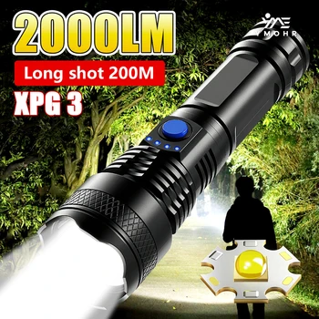 High Power Rechargeable LED Flashlight Portable Torch Waterproof Flashlights Power Display Outdoor Camping Hiking Fishing Light