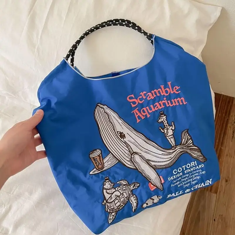 

Nylon Bag Embroidered Shopping Bag Eco Friendly Shoulder Spot Doughnut Whale Casual Tote Bag Large Capacity Handbag Girls Gift