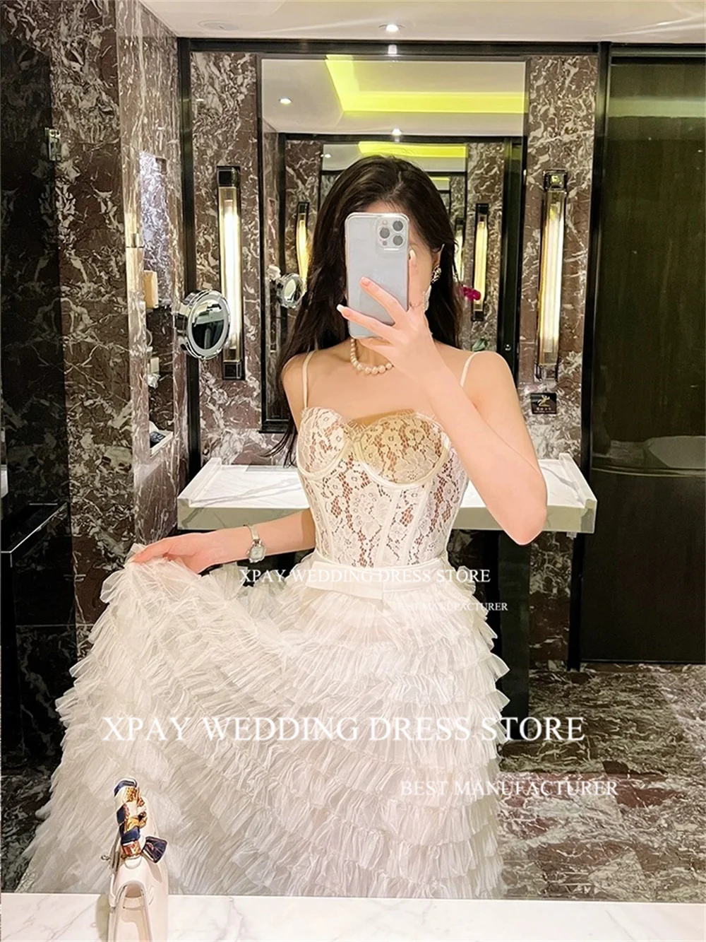 XPAY Sweetheart Lace Top Korea Wedding Dresses Spaghetti Straps Fairy Bridal Gown Tiered Tulle Backless Vestido de noiva