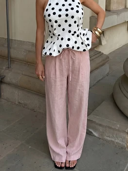 HH Casual Women Striped Wide Leg Pants 2026 Summer Mid Waist Drawstring Linen Blend Striped Lace Up Trousers Female Chic Pants