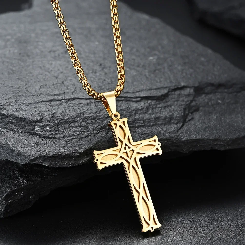 Irish Knot Cross Pendant Men Necklace,Stainless Steel Chain, Prayer Religious Boy Jewelry